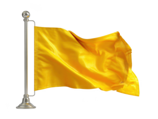 Waving yellow flag on pole, cloth isolated on transparent background