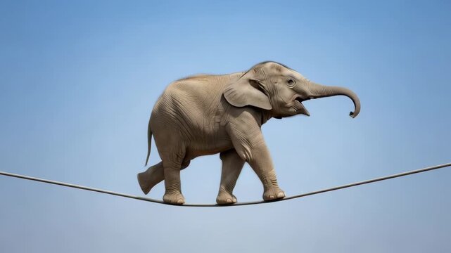 Adorable baby elephant bravely walks a tightrope against a clear blue sky, showcasing incredible balance and determination