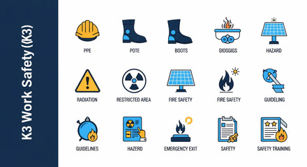 Essential work safety vector icon set highlighting personal protective equipment, hazard warnings, fire safety protocols, and industrial regulations for secure workplace compliance and protection