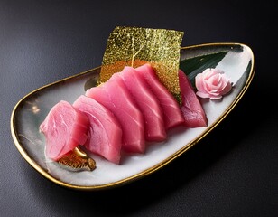 beautifully crafted pink tuna sashimi with gold leaf on an artistic plate
