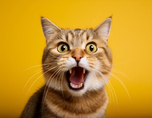 cat exhibits dramatic reaction of surprise and anger while yawning against a bright yellow backdrop