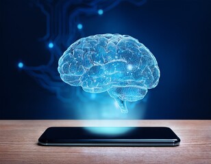digital brain hologram emerging from smartphone on a table