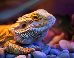 colorful bearded dragon resting on vibrant stones in a terrarium during the late afternoon