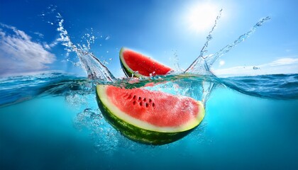watermelon splash in blue water summer day