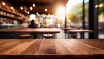 a close up of a rustic empty wooden table with blurred coffee shop background