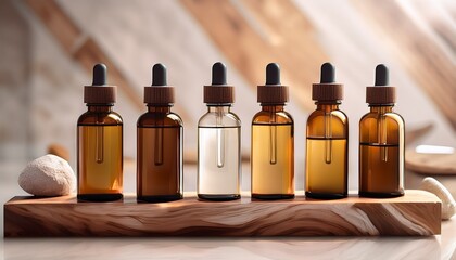 glass dropper bottles on alabaster and wood display