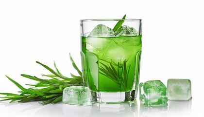 glass of green tarragon juice with ice cubes isolated on white background