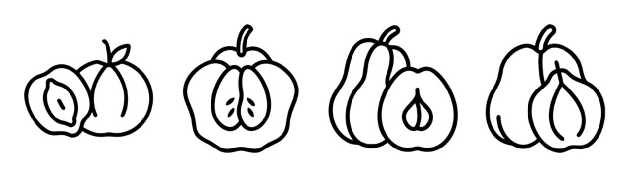 Four hand drawn outline images of the ackee fruit in various stages of preparation