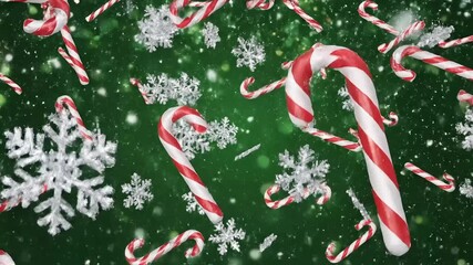 A whimsical scene of candy canes and snowflakes falling against a vibrant green background, evoking the joy and magic of the holiday season - Powered by Adobe