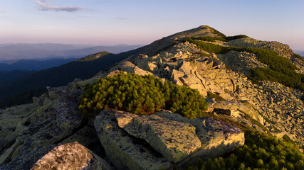 Dovbushanka mountain, Gorgany Reserve, Ukraine. Landscape of the Eastern Carpathians of the Gorgany region, magnificent mountains in rocky outcrops covered with green forests. Ukrainian Carpathians.