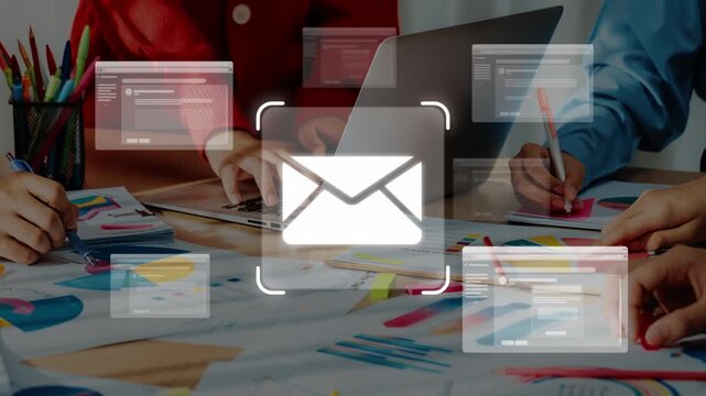 An engaging office meeting showcases professionals collaborating with documents and a laptop, surrounded by colorful charts and email notifications, representing teamwork and productivity. Raster