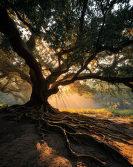 Ancient oak tree at dawn with roots and branches spreading