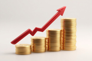 Shiny gold coins stacked high with a rising arrow symbolizing financial growth and success