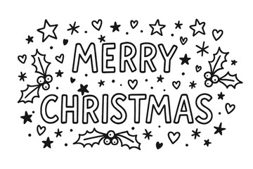 Merry christmas doodle lettering with holly leaves, stars, hearts, festive greeting, transparent background