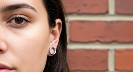 Close-up of young caucasian female with hoop earring against brick wall background