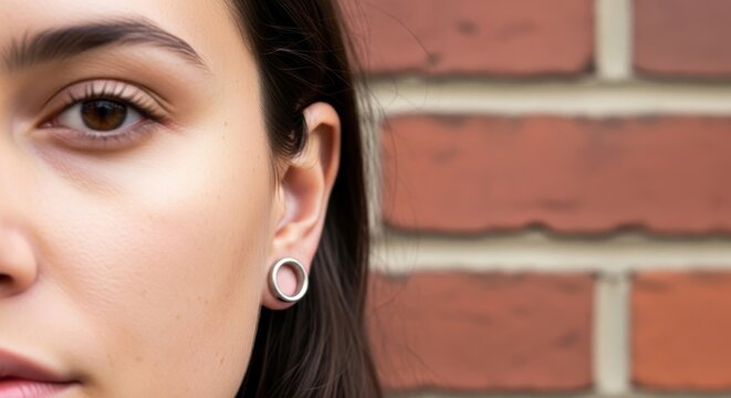Close-up of young caucasian female with hoop earring against brick wall background