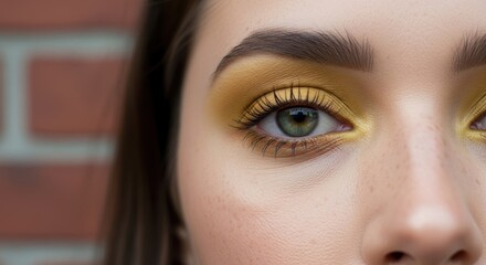 Close-up of young caucasian female with yellow eye makeup