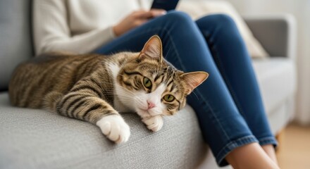 Relaxed tabby cat lounging on sofa with woman using smartphone