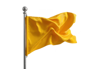 Waving golden flag on pole, isolated on transparent background