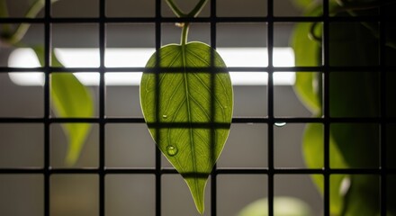 Green leaf behind grid with water droplet and lighting contrast