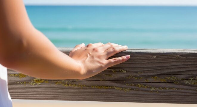 Female hand on wooden railing by ocean with clear blue sky - Powered by Adobe