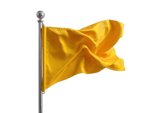 Waving golden flag on pole, isolated on transparent background