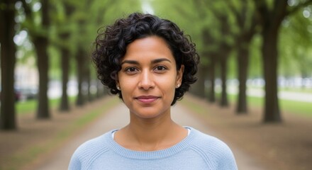 Serene portrait of mature hispanic female in tree-lined park pathway
