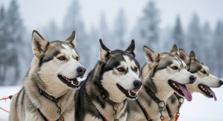 Siberian huskies ready for action in snowy winter landscape