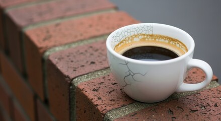 White coffee cup on brick wall with cracked design and fresh brew