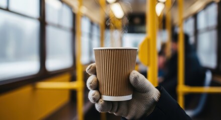 Gloved hand holding hot coffee cup on public transport