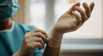 Healthcare professional wearing surgical gloves in medical setting