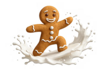 Gingerbread man character surfing on milk splash, illustrating christmas holiday baking and sweet dessert concepts