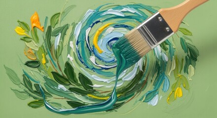 Dynamic brushstroke vortex in green tones with floral accents