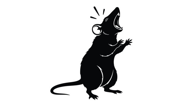 A silhouette of a rat standing on its hind legs with its mouth open as if screaming.