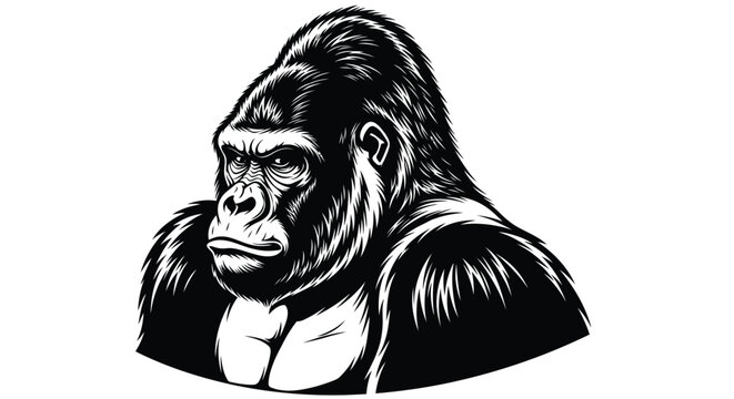 A detailed illustration depicts a powerful silverback gorilla's head in a profile view.
