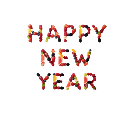 Happy new year created using fresh food items, with a festive greeting made from fresh fruits and berries. This is a healthy eating idea, isolated on a white backdrop.
