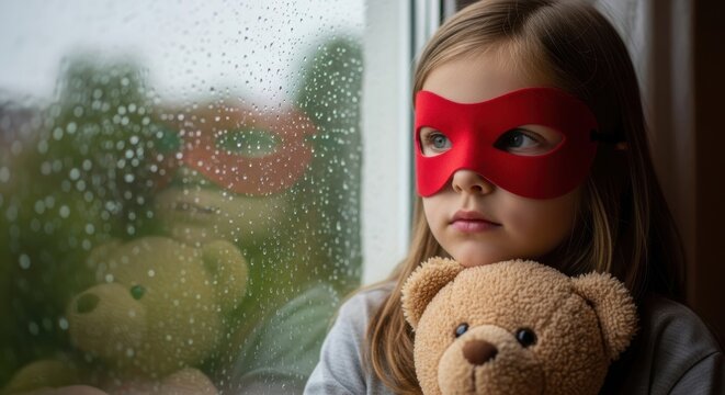 Young caucasian girl in red mask holding teddy bear by rainy window
