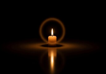 Halloween candle with glowing flame and reflection on dark background