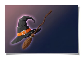 Halloween witch hat and broomstick with magical glowing background design
