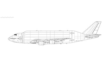 Boeing 747-400LCF Dreamlifter. Vector drawing of outsize freight aircraft. Side view. Image for illustration and infographics.