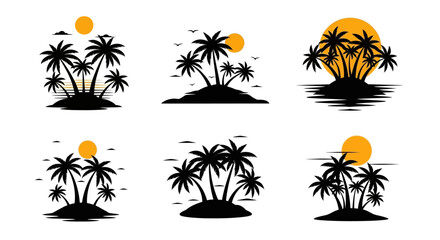 Collection of tropical island silhouettes featuring palm trees and sunsets