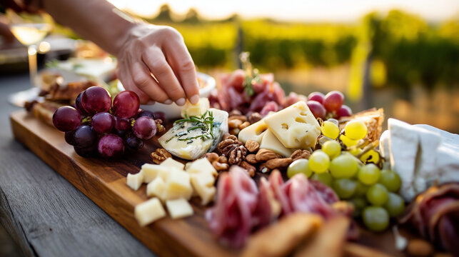 hands arranging a colorful cheese and charcuterie board with grapes and nuts, a softly blurred wooden picnic table in a vineyard, soft, diffused sunset light, top-down composition