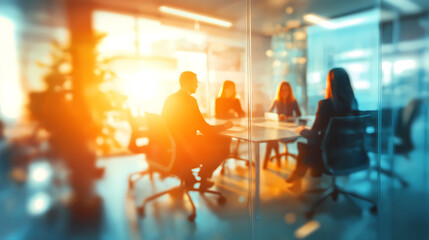People silhouettes working together in office conference room at sunrise, business strategy teamwork brainstorming