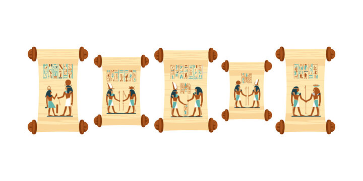 Egyptian gods and pharaohs on ancient papyrus scrolls