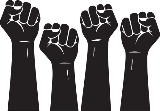 Four raised black fists symbolizing unity strength and human rights activism celebration
