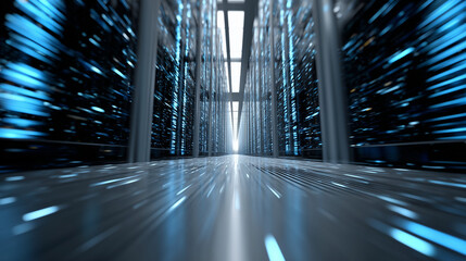 Faceless futuristic corridor lined with pulsating blue circuits, out-of-focus depth creating sense of vastness and control, with copy space.