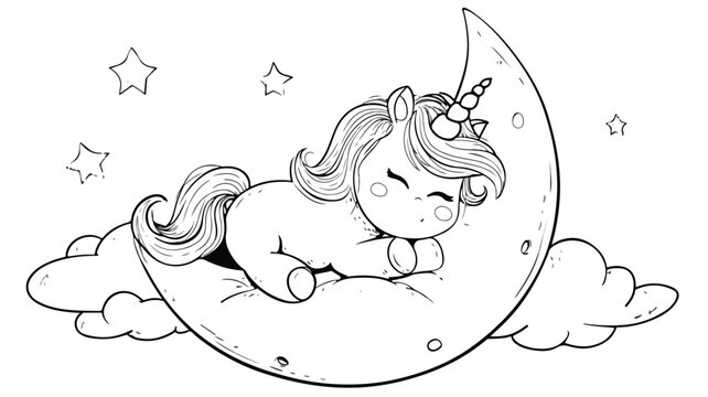 Adorable Kawaii Unicorn Sleeping on Moon Coloring Page Vector Design