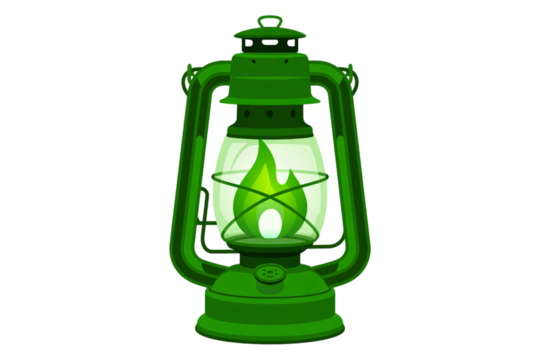 Green vintage lantern with glowing light and flame inside on black background, 3D render