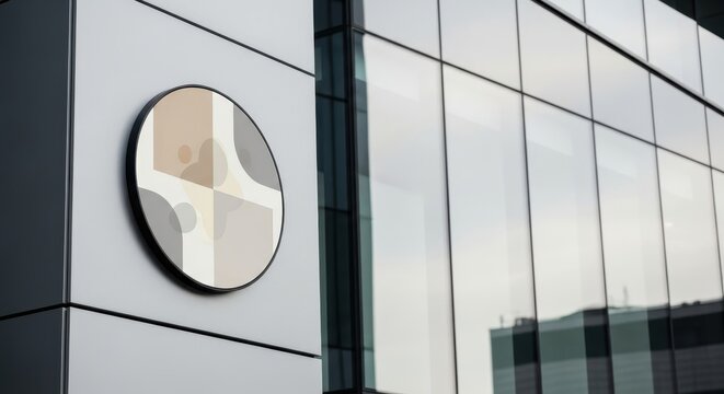 Modern Circular Emblem on Sleek Glass Building Facade Reflecting Cityscape.