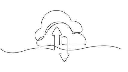 Cloud storage continuous one line drawing animation video, Full length one line animation. Animated self drawing of continuous line draw cloud with arrows. Cloud network, data storage and backup.